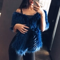 Châle en fausse fourrure bleu marine à poils longs et épais pour robes de soirée chic - Bleu