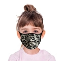 Detail view of a child wearing a breathable leopard print fabric mask with elastic edges - Grey Leopard Print