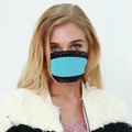 Detail view of sky blue lace face mask with black floral trim for sun protection - One Size / Sky Blue