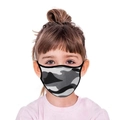 Detailed view of child wearing camouflage earloop face mask for sun protection and dust safety - Grey Camouflage