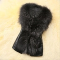 Women's black faux fur vest with shiny leather patchwork, sleeveless slim fit style - Black