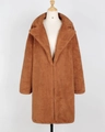 Cappotto teddy marrone in ecopelliccia a maniche lunghe con ampio colletto a rever - S / Cammello Scuro