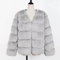 Women's light grey faux fur jacket with stylish square patchwork and warm plush texture - S / Gray