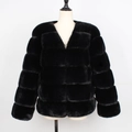 Women's black paneled faux fur jacket with layered fluffy design and collarless V-neckline - S / Black