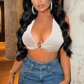 White halter neck crop top with a central ring detail and deep V-neckline in knit fabric - S / White