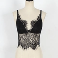 Close-up of black floral lace camisole with deep V-neck and eyelash lace details - S / Black