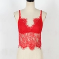 Macro detail of red floral eyelash lace on a sexy cropped camisole top for women - S / Red