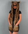 Close-up of faux fur hooded scarf with animal ears and integrated warm gloves in brown - Raccoon Fur Color