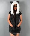 Close-up of animal ear faux fur hood scarf with integrated gloves and pockets - Panda Color (Black & White)