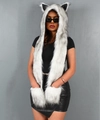 Three-in-one faux fur animal hood scarf with integrated gloves and cute ears in white - Snow Fox White Mix