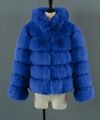 Detailed view of layered electric blue faux fur coat with hood on mannequin - Sapphire Blue