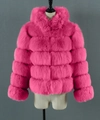 Detail view of rose pink faux fur jacket featuring thick horizontal striped texture and hood - Rose Red