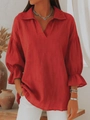 Detail der ziegelroten Baumwoll-Leinen-Bluse mit Laternenärmeln und Rüschenbündchen - S / Rot