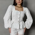 White French jacquard blouse with square neck and puff sleeves paired with lace pants - S / White