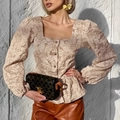 French jacquard blouse in champagne gold with square neck and puff sleeves for women - S / Khaki
