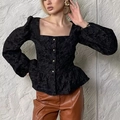 Elegant French black jacquard blouse with square neck, puff sleeves and gold buttons - S / Black
