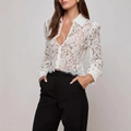 White lace long sleeve shirt with floral hollow pattern and classic collar detail - Size S / White