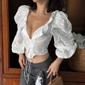 Detailed embroidery and hollow-out lace texture on a white cotton V-neck shirt - S / Tops / White