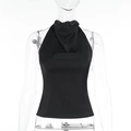 Haut licou en satin noir élégant avec col montant et coupe courte sans manches - XS / Noir