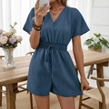Mono corto de verano con cuello en V, textura denim y cordón en la cintura azul oscuro - S / Azul Niebla