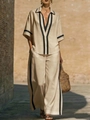 Ensemble deux pièces beige pour femme en lin avec liseré contrasté noir et pantalon large - S / Haut Et Bas / Kaki