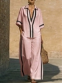 Ensemble deux pièces en lin pour femme avec chemise à manches courtes et pantalon large - S / Haut Et Bas / Rose