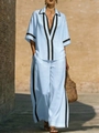 Light blue two-piece set featuring contrast stripe V-neck top and wide-leg trousers - Light Blue