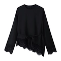Top elegante de manga larga con encaje, dobladillo irregular y cinturón para mujer - S / Negro