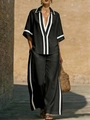 Ensemble femme en lin noir avec liserés contrastés : chemise ample et pantalon large - S / Haut Et Bas / Noir