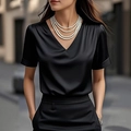Elegant black satin V-neck short sleeve blouse and trousers set with pearl necklaces - S / Tops / Black