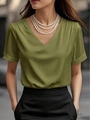Elegant olive green satin short sleeve blouse with V-neck and pleated shoulder detail - Green