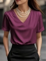 Elegant deep mulberry V-neck satin short sleeve shirt for a professional office look - S / Tops / Fuschia