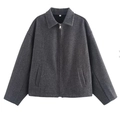 Detailed view of dark grey cropped wool jacket featuring lapel collar and side pockets - S / Tops / Dark Gray