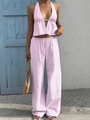 Women's summer two-piece striped halter crop top and drawstring wide-leg pants set - Pink