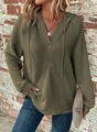 Close-up of army green waffle knit hoodie featuring a V-neck and amber buttons - S / Army Green