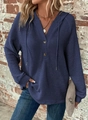 Detail of waffle knit fabric and V-neck with buttons on navy blue hoodie for women - S / Navy Blue