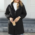Women's black hooded fleece trench coat with waterproof fabric and metal zipper - S / Tops / Black