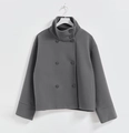 Detailed view of the dark grey double-breasted wool coat with stand collar and large buttons - S / Tops / Gray