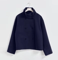 Detail of navy blue wool coat featuring a stand collar and elegant round buttons - S / Tops / Dark Blue