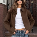 Short dark brown wool jacket with turn-down collar and vintage minimalist urban style - S / Brown