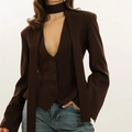 Detail of coffee brown V-neck blazer with matching neck strap and textured twill fabric - S / Tops / Brown