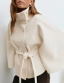 Elegant off-white short poncho coat with high collar, buttons and waist belt for women - S / Tops / White