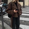 Women's short brown wool coat with large lapels and waist belt in street style fashion - S / Tops / Dark Brown