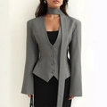 Slim fit grey V-neck blazer for women with neck tie and irregular hem design - S / Tops / Gray