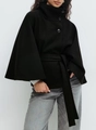 Women's black wool-like cape coat with high neck buttons and matching waist belt - S / Tops / Black