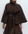 Women's dark brown cape-style wool coat with stand collar and waist belt in chic urban style - M / Tops / Brown