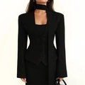 Women's chic black slim-fit blazer suit with V-neck choker detail and matching skirt - S / Tops / Black