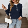 Maglione vintage in maglia blu scuro da donna con pizzo bianco e bottoni frontali - S / Blu Notte