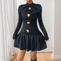 Vestido elegante de fiesta negro de manga larga con lazo grande y botones dorados - S / Negro