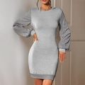 Elegant grey sequin bodycon dress with long sleeves and shimmering silver trim accents - S / Light Gray